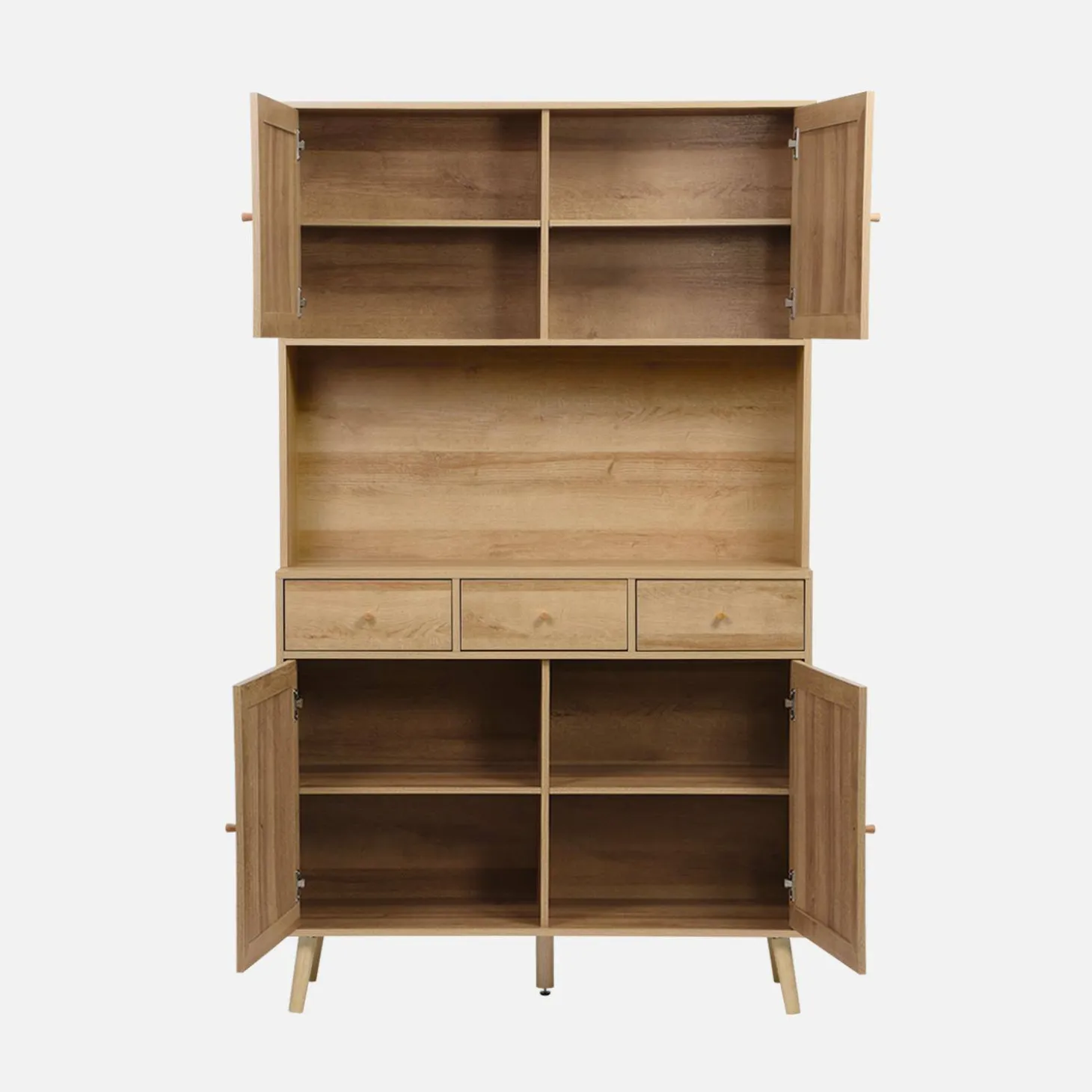 Buffetkast met 4 deuren 3 lades 1 open vak houtdecor en rotan 110cm