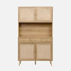 Buffetkast met 4 deuren 3 lades 1 open vak houtdecor en rotan 110cm