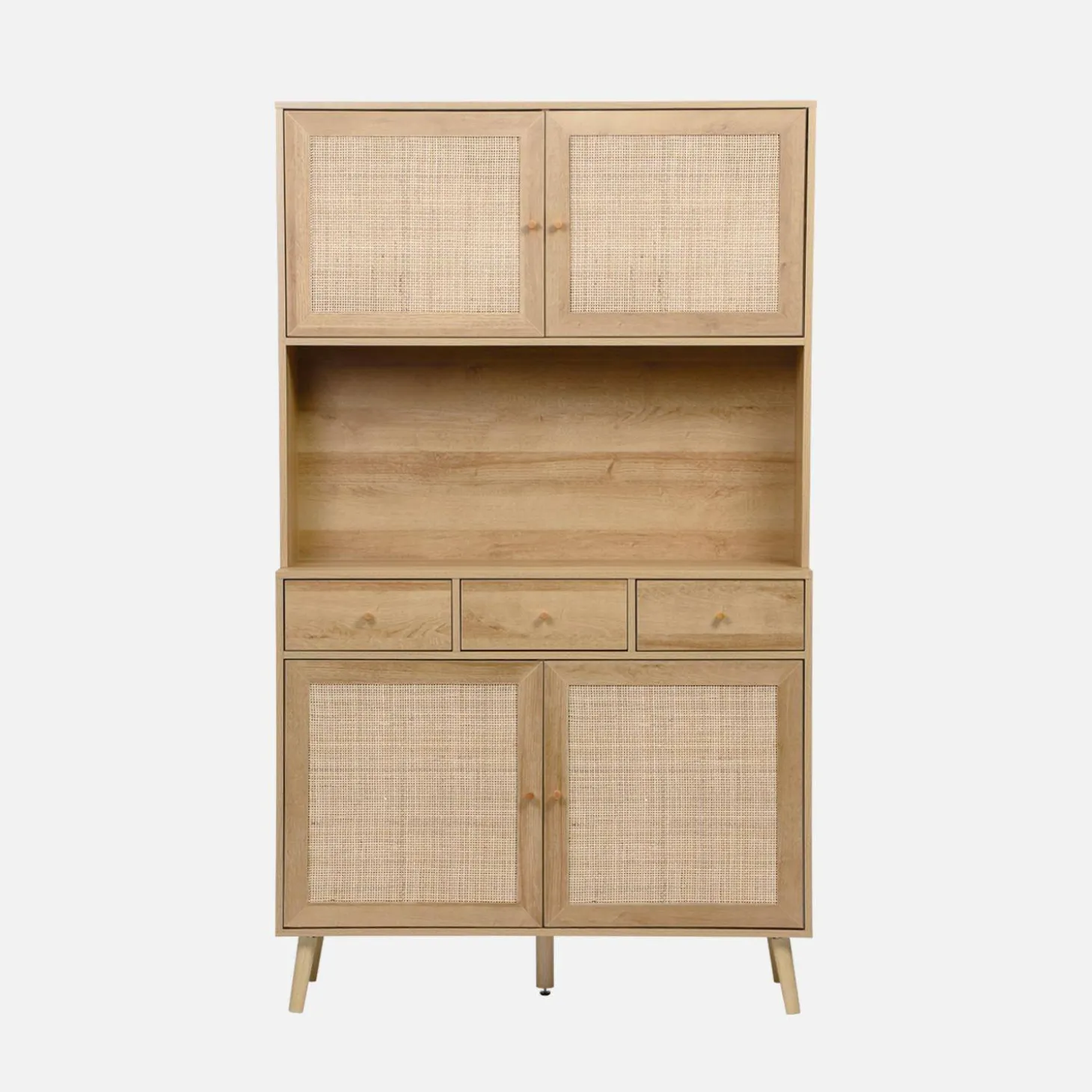 Buffetkast met 4 deuren 3 lades 1 open vak houtdecor en rotan 110cm