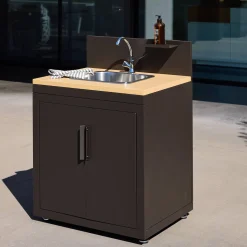 Buitenkeuken module gootsteen en 2 deuren staal en houtdecor L80cm