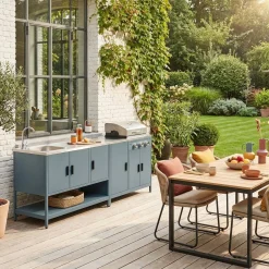 Buitenkeuken 2 modules met gasbarbecue en gootsteen staal