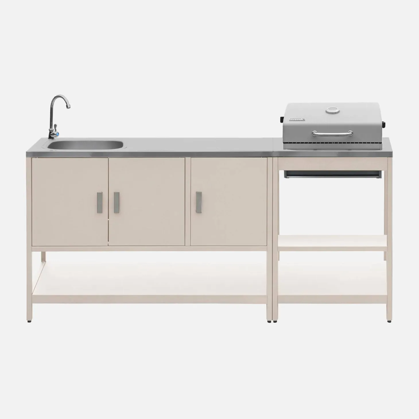 Buitenkeuken 2 modules met houtskoolbarbecue en gootsteen staal