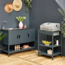 Buitenkeuken 2 modules met houtskoolbarbecue en gootsteen staal