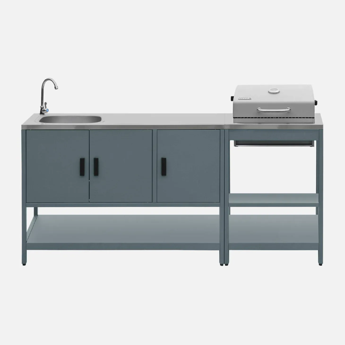Buitenkeuken 2 modules met houtskoolbarbecue en gootsteen staal