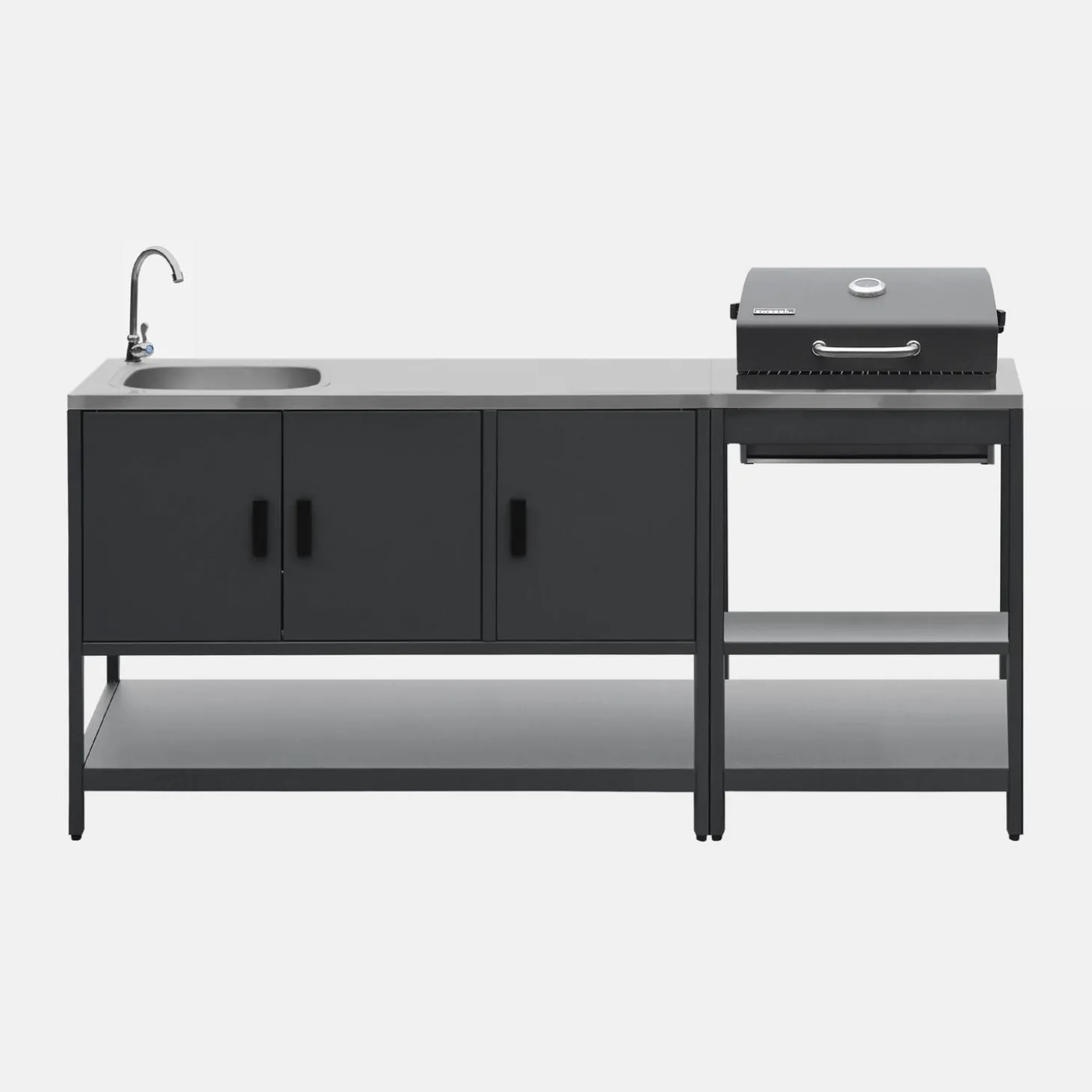 Buitenkeuken 2 modules met houtskoolbarbecue en gootsteen staal