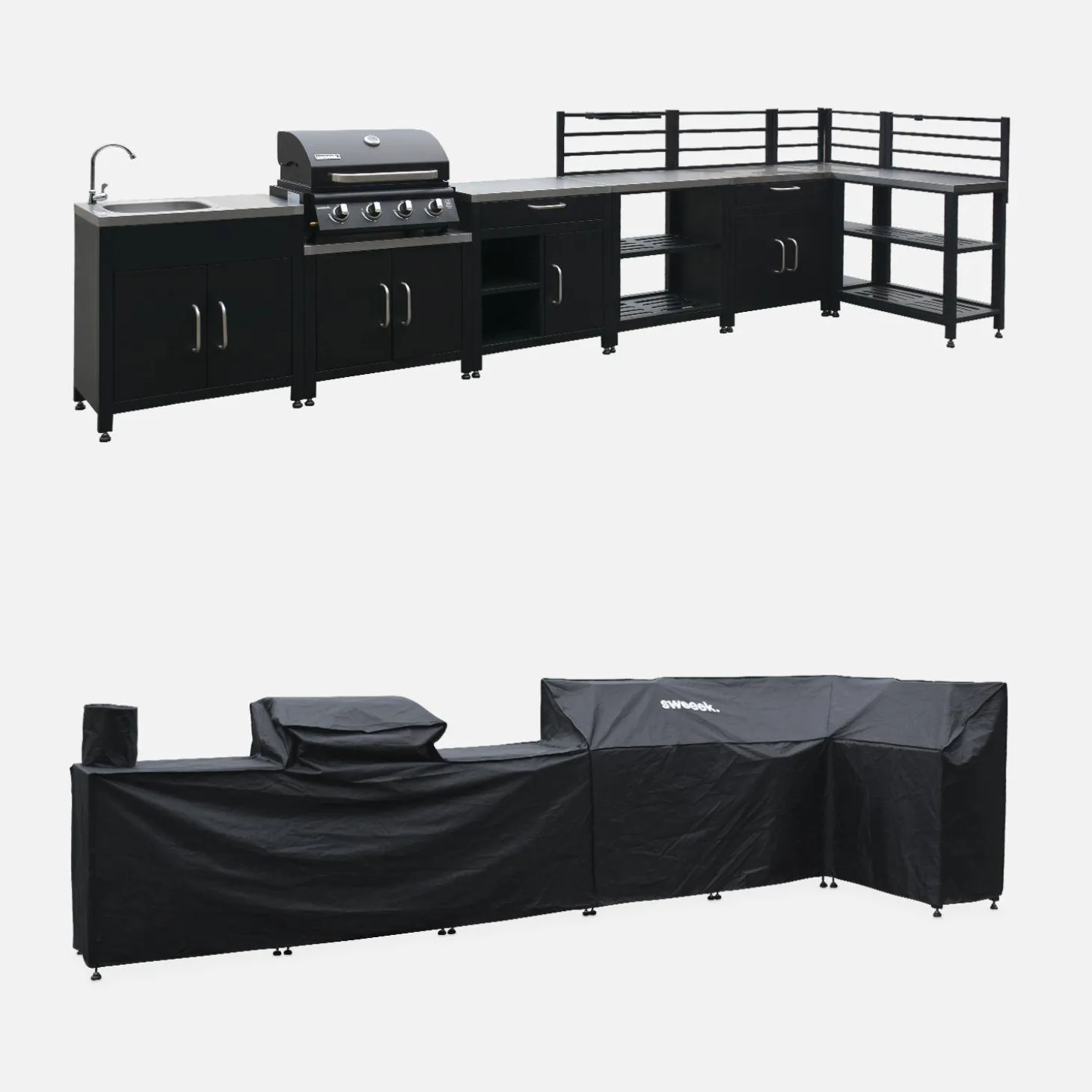 Buitenkeuken 7 modules roestvrij staal met gasbarbecue + hoes