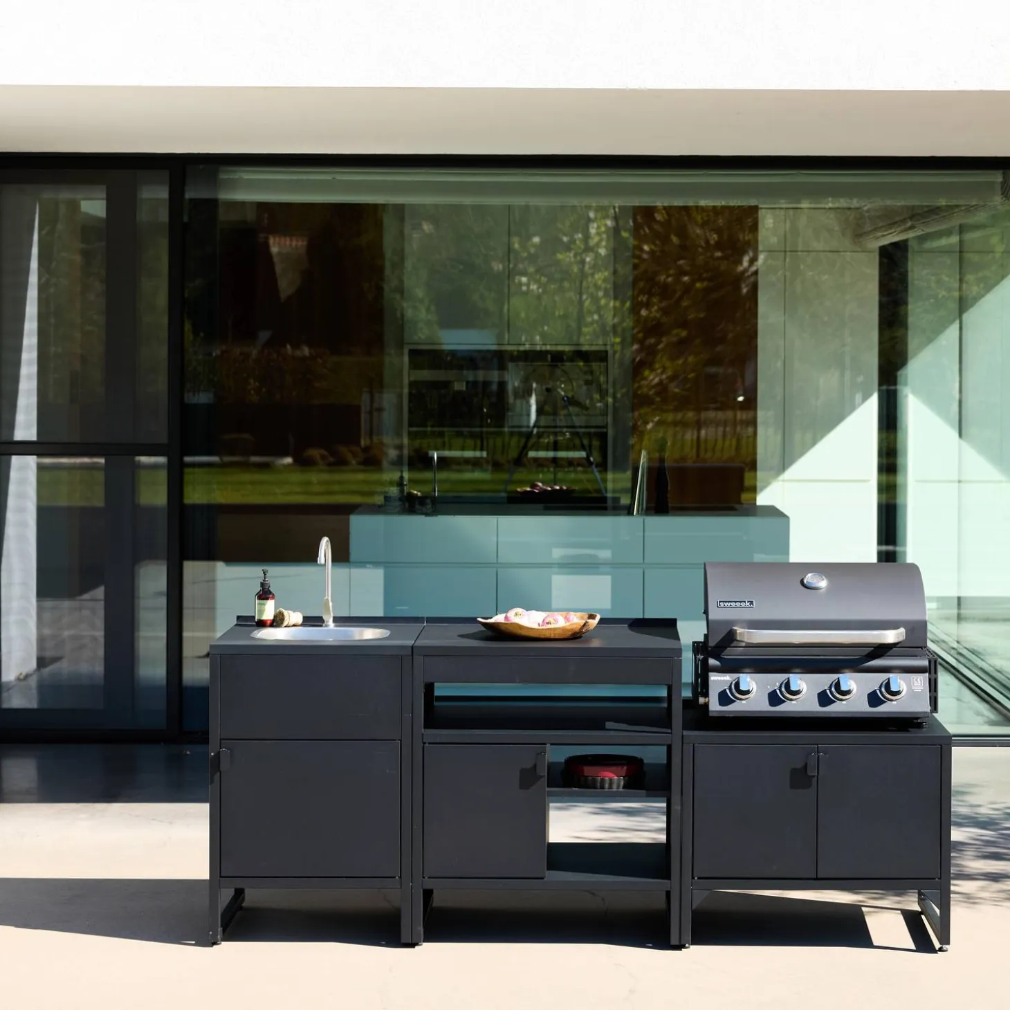 Buitenkeuken 3 modules roestvrij staal met gasbarbecue 4 branders