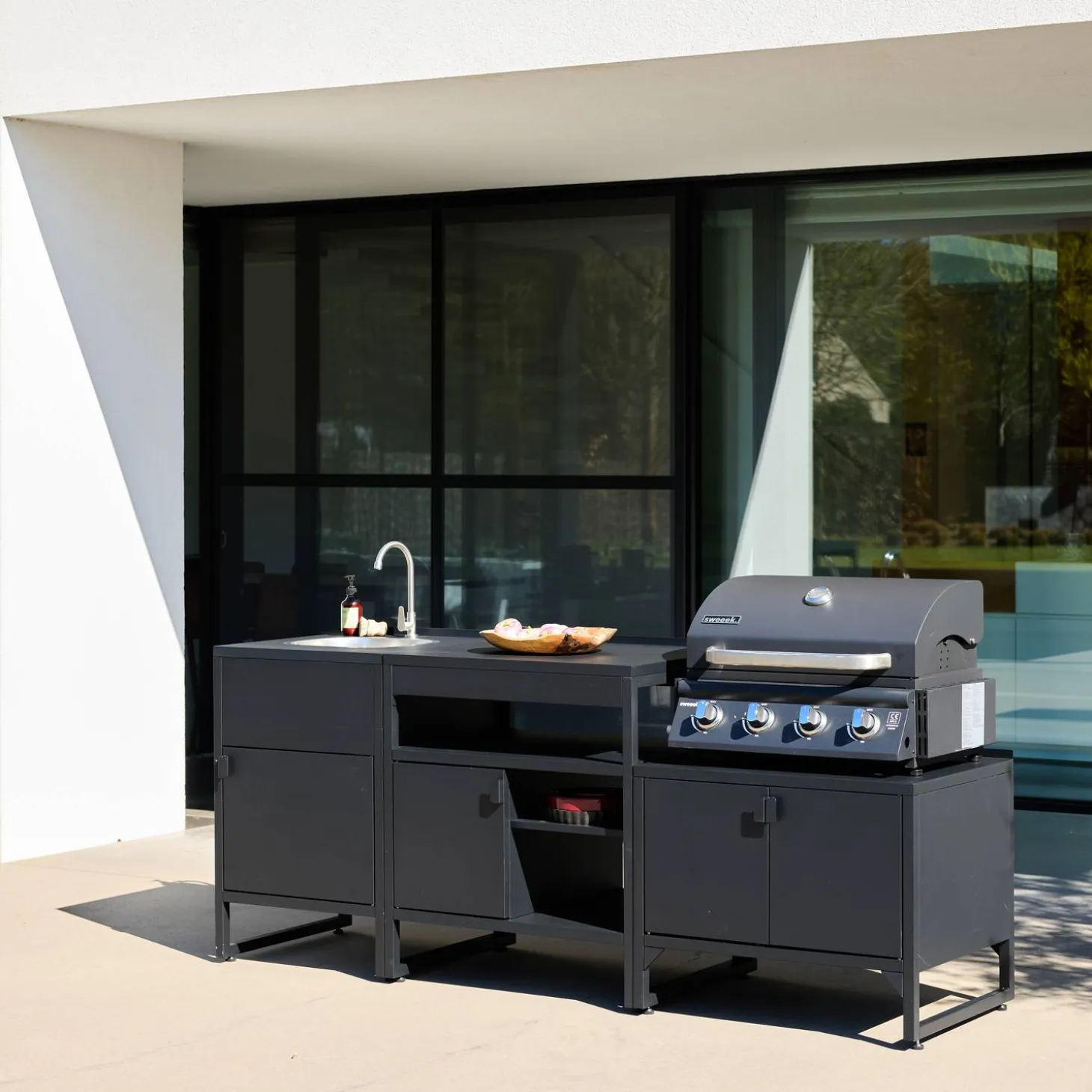 Buitenkeuken 3 modules roestvrij staal met gasbarbecue 4 branders