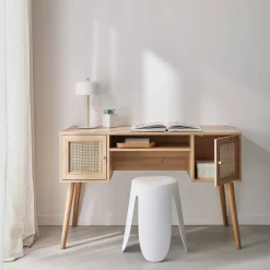 Bureau decor hout en vlechtwerk 2 deuren