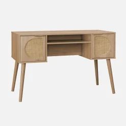 Bureau met houten effect en rotan 2 lades