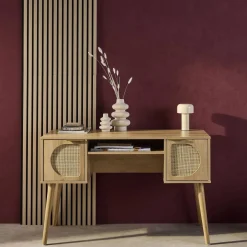 Bureau met houten effect en rotan 2 lades