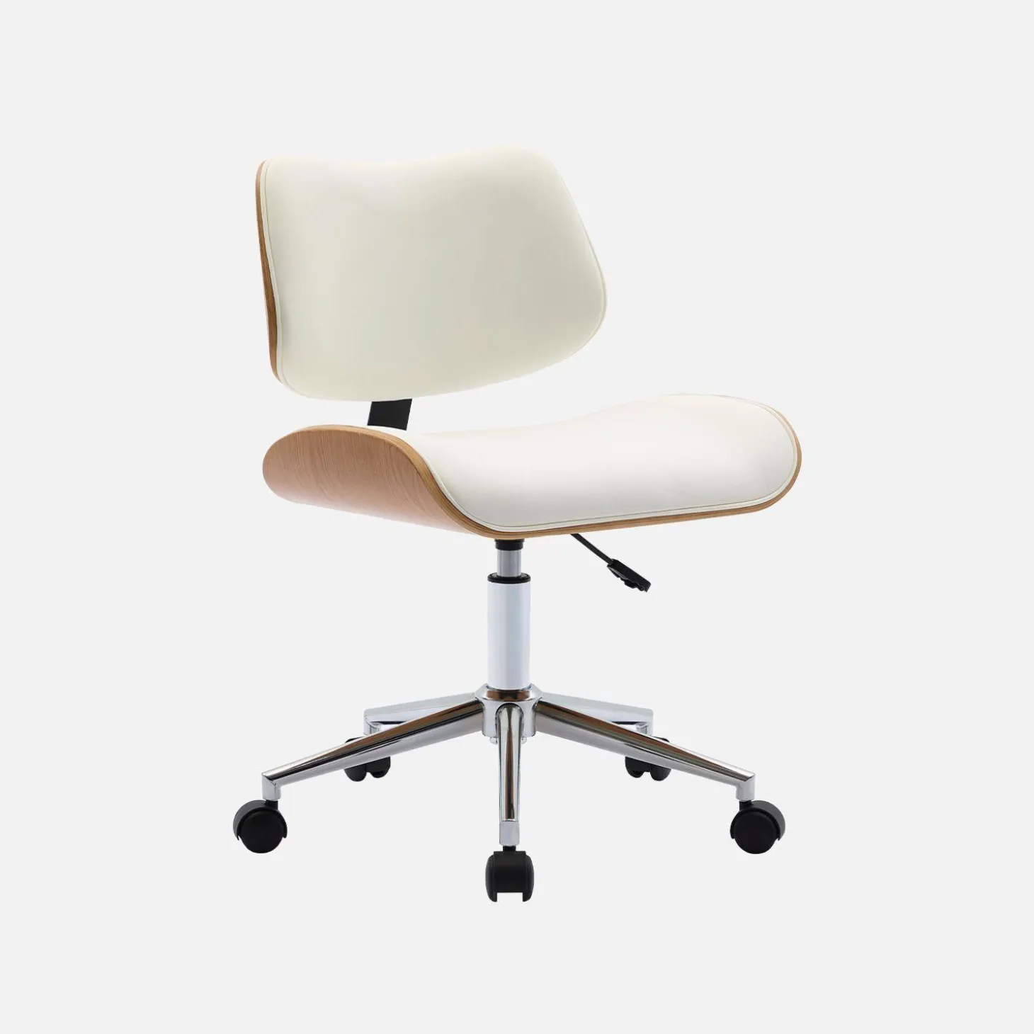 Bureaustoel met wielen, gebogen hout en kunstleren afwerking