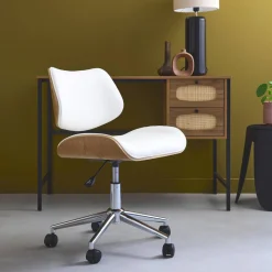 Bureaustoel met wielen, gebogen hout en kunstleren afwerking