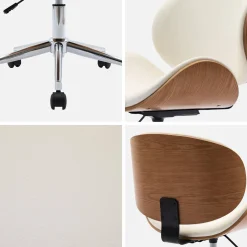 Bureaustoel met wielen, gebogen hout en kunstlederen afwerking