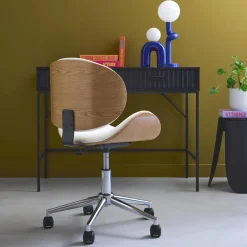 Bureaustoel met wielen, gebogen hout en kunstlederen afwerking