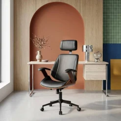 Bureaustoel met wielen, gebogen hout en kunstleren afwerking