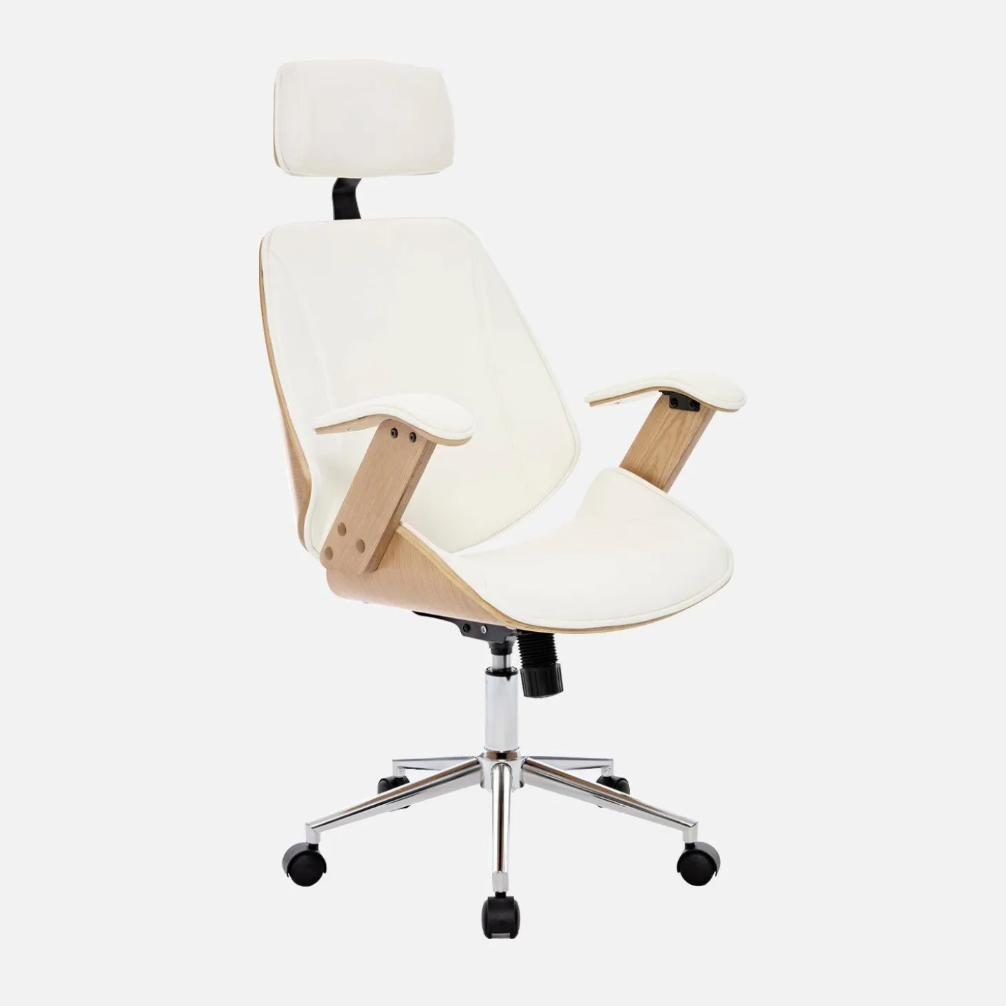 Bureaustoel met wielen, gebogen hout en kunstleren afwerking