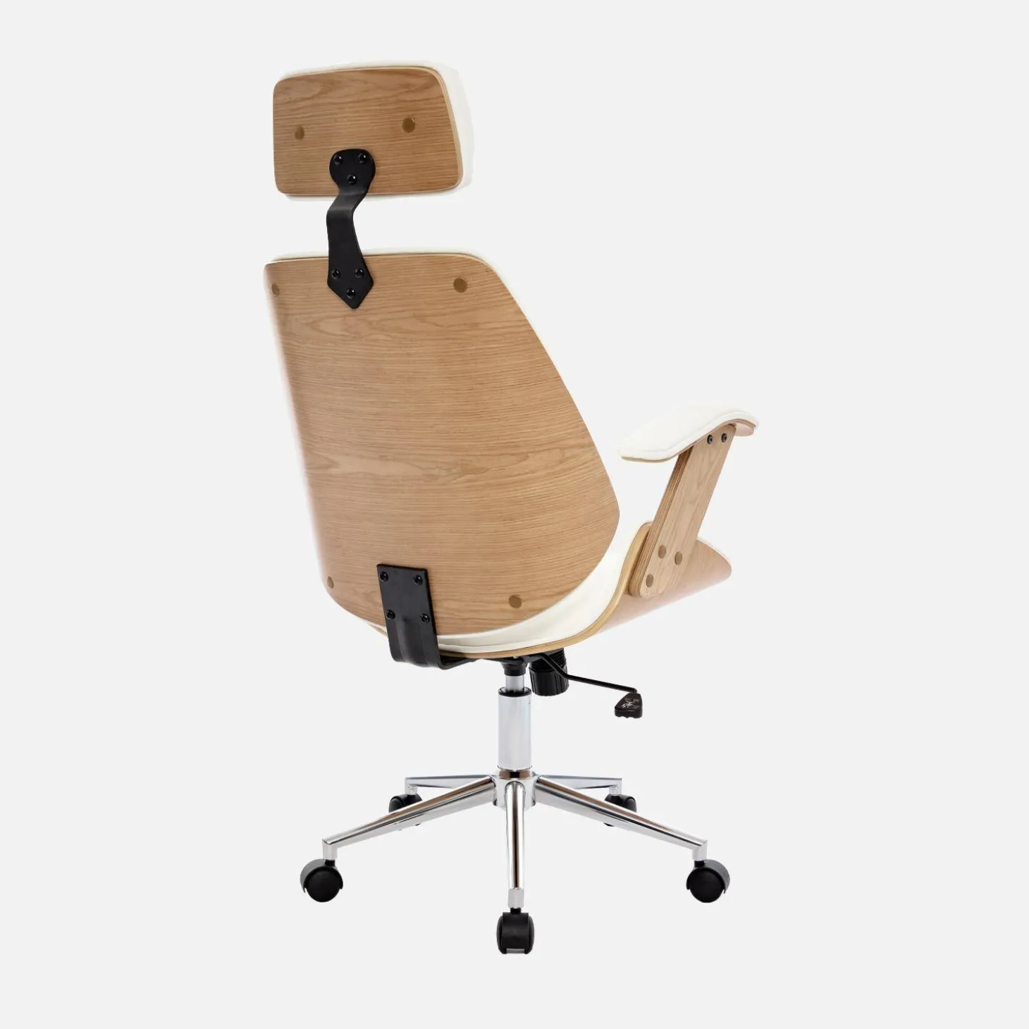 Bureaustoel met wielen, gebogen hout en kunstleren afwerking