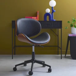 Bureaustoel met wielen, gebogen hout en kunstlederen afwerking