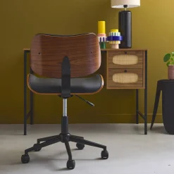 Bureaustoel met wielen, gebogen hout en kunstleren afwerking