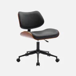 Bureaustoel met wielen, gebogen hout en kunstleren afwerking