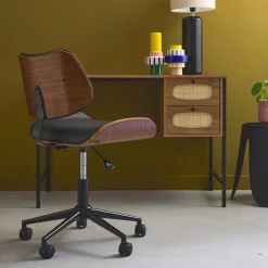 Bureaustoel met wielen, gebogen hout en kunstleren afwerking