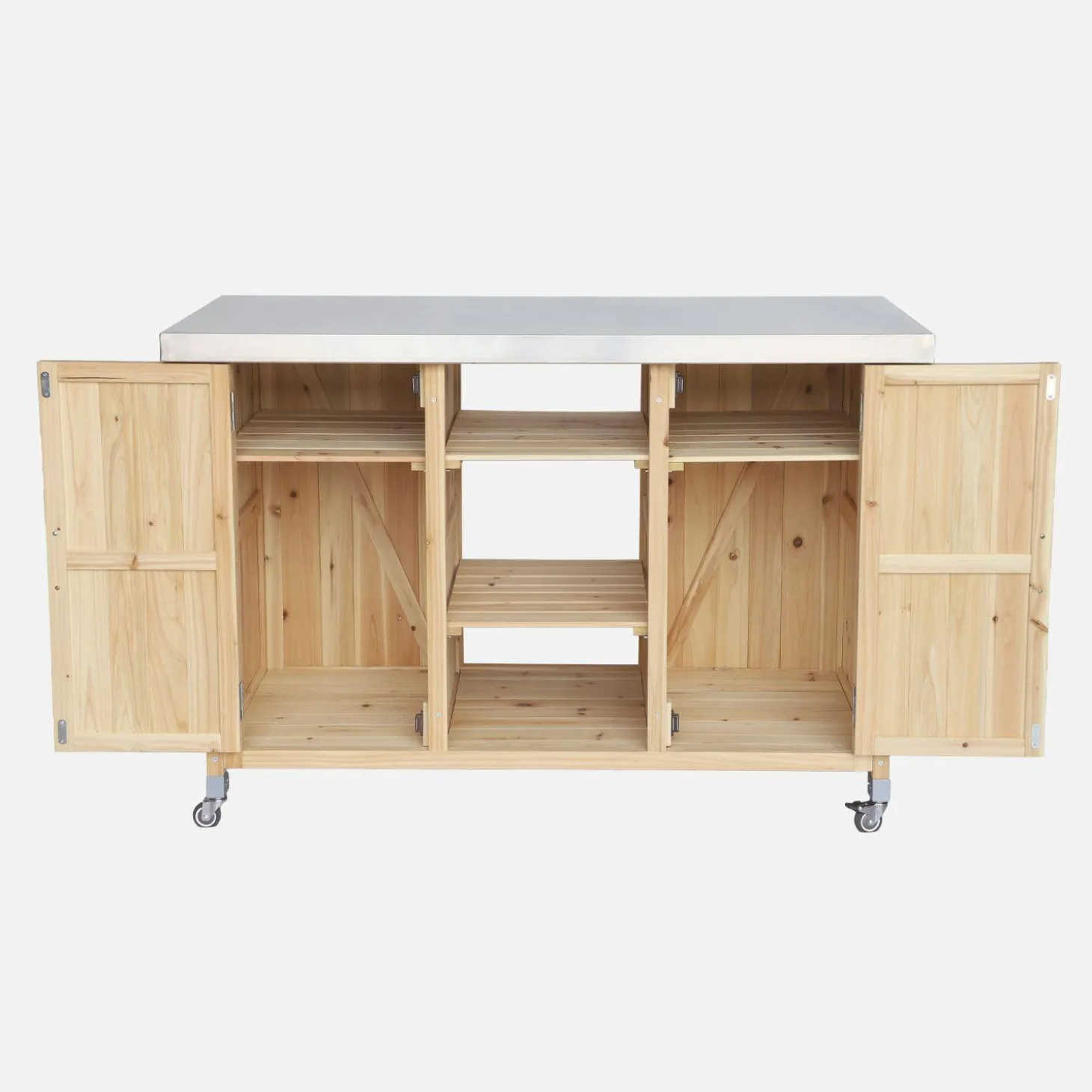 130cm dennenhouten barbecue dressoir met handgrepen, 7 opbergruimtes