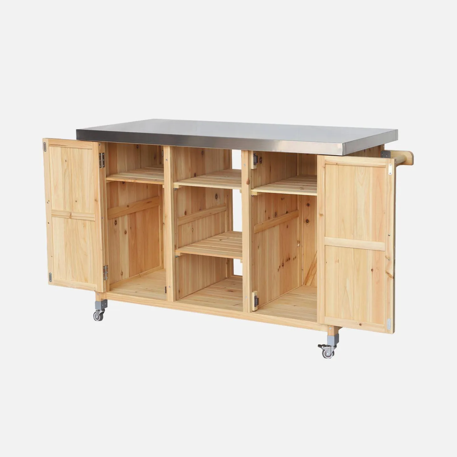 130cm dennenhouten barbecue dressoir met handgrepen, 7 opbergruimtes