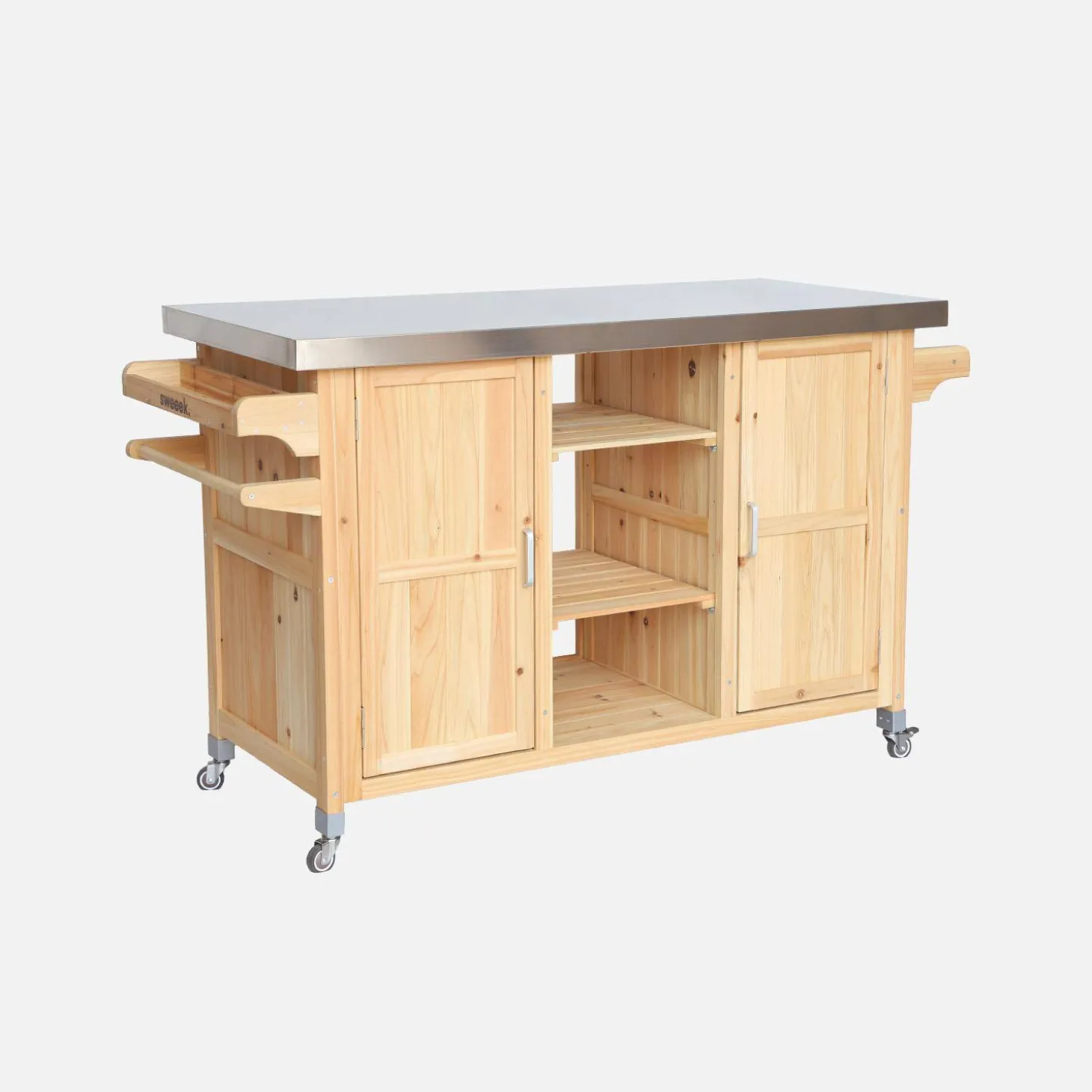 130cm dennenhouten barbecue dressoir met handgrepen, 7 opbergruimtes