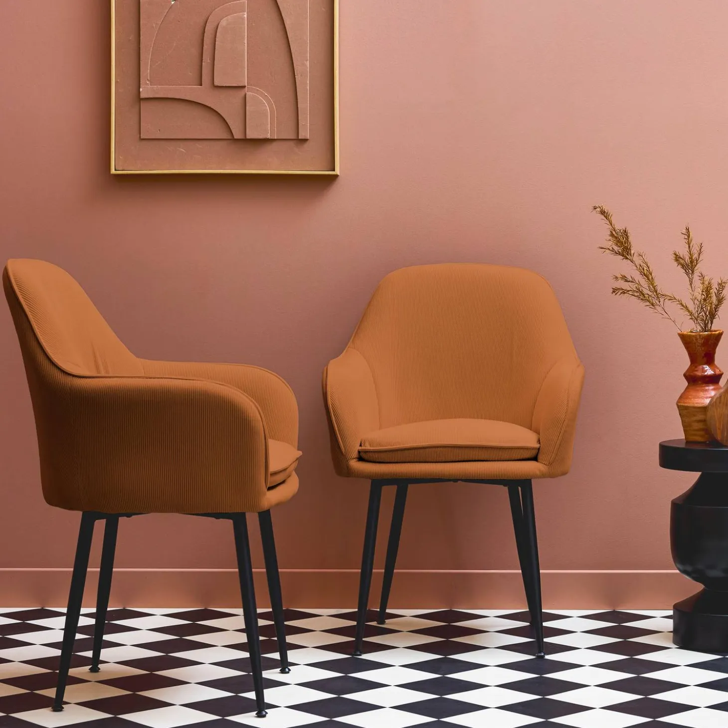 Corduroy fauteuil met matzwarte metalen poten (Set van 2)