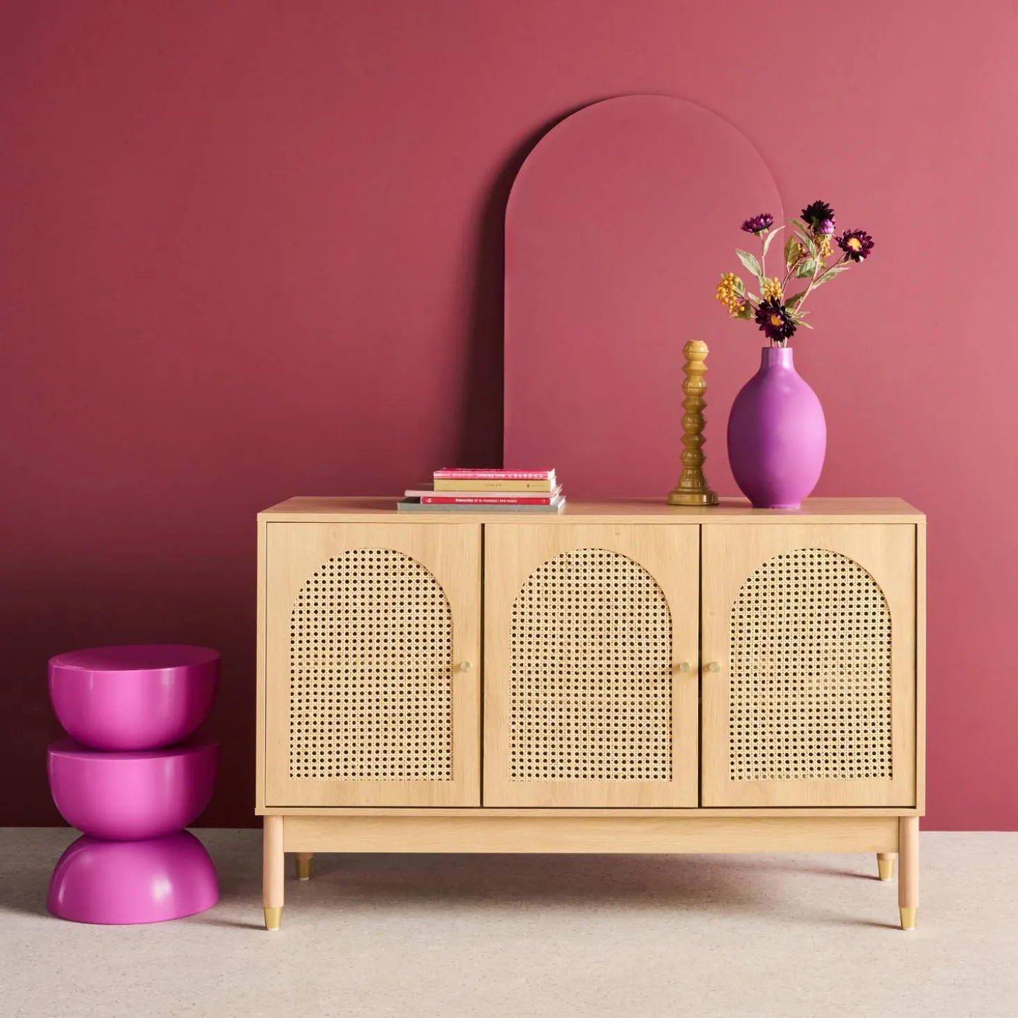 Dressoir houteffect en rotan 3 deuren 120cm