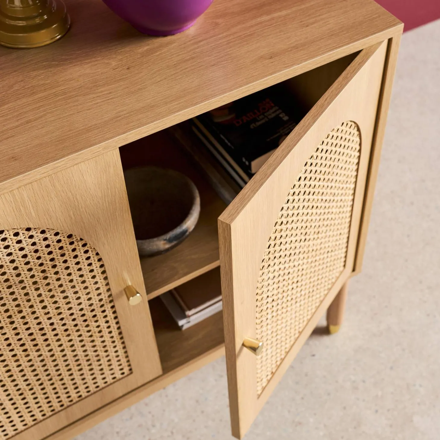 Dressoir houteffect en rotan 3 deuren 120cm