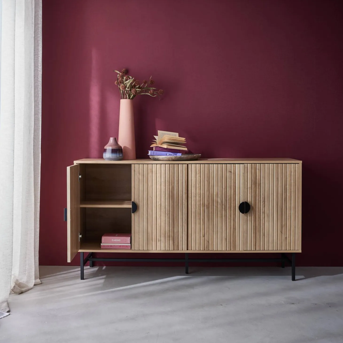 Dressoir met 4 deuren gegroefd houteffect 157,5cm
