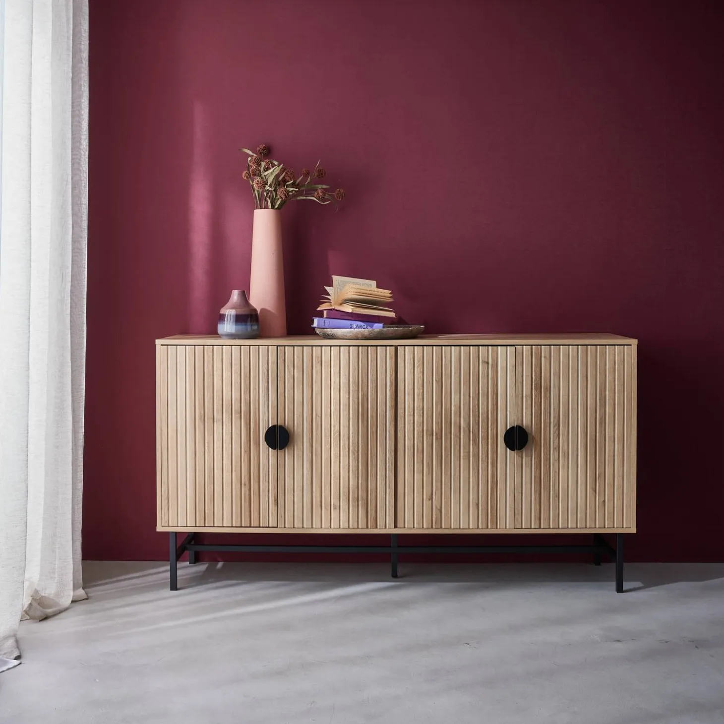 Dressoir met 4 deuren gegroefd houteffect 157,5cm