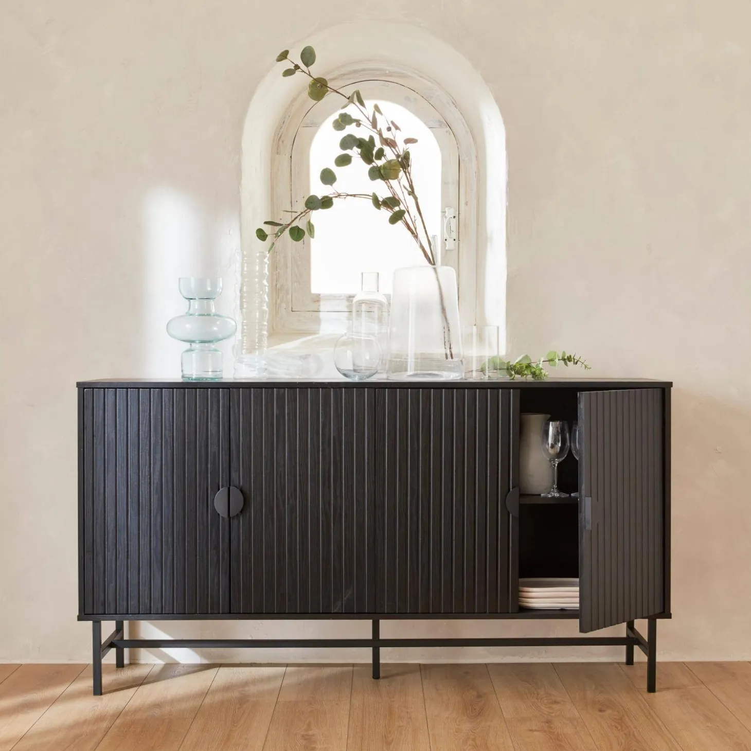 Dressoir met 4 deuren gegroefd houteffect 157,5cm