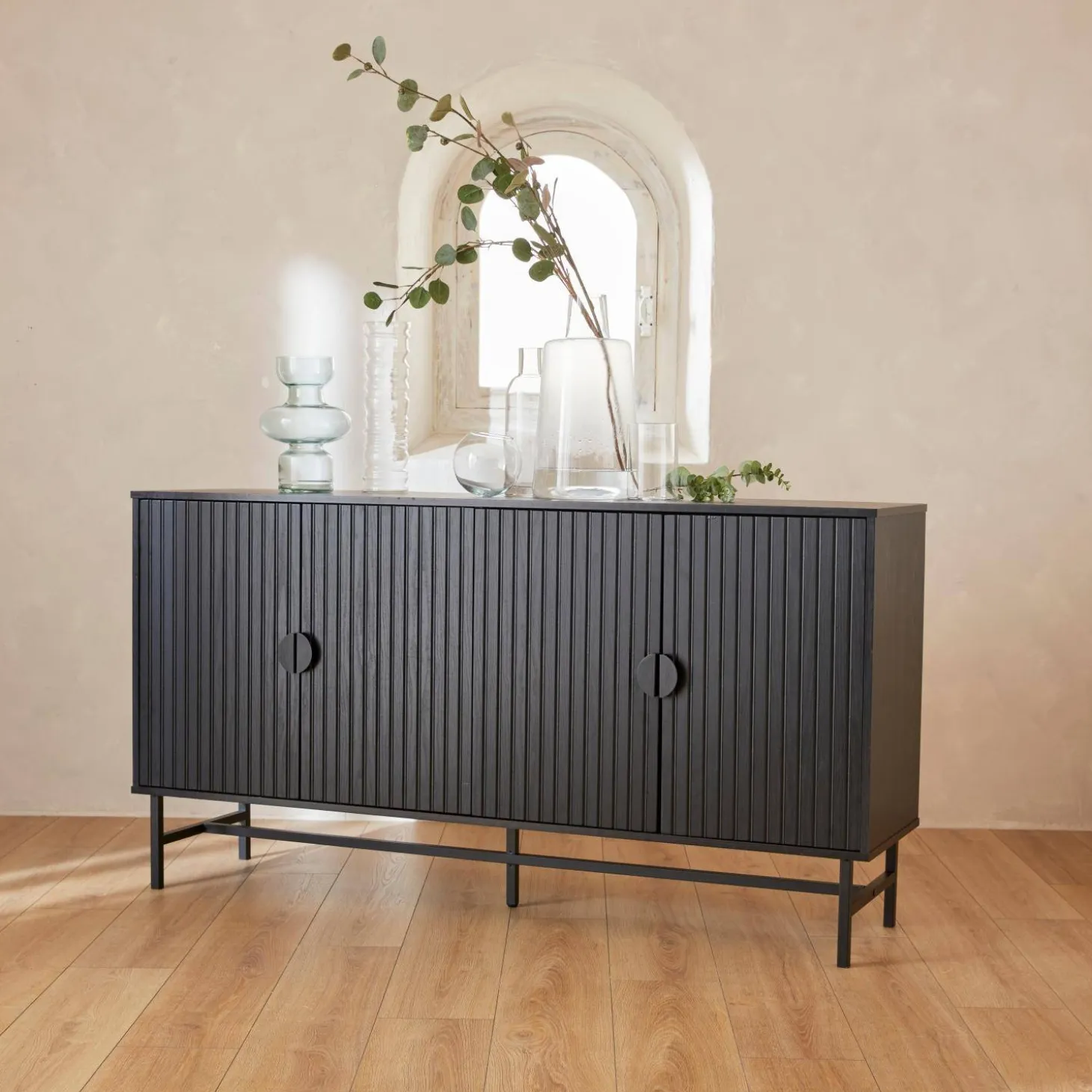 Dressoir met 4 deuren gegroefd houteffect 157,5cm