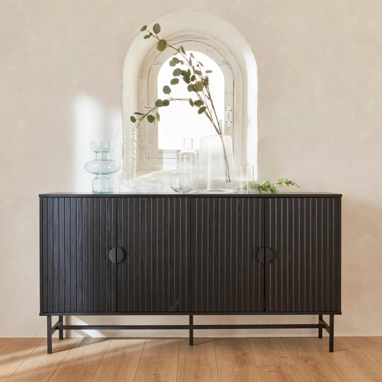 Dressoir met 4 deuren gegroefd houteffect 157,5cm