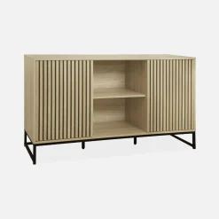 Dressoir met 2 deuren gegroefd houteffect en metaal 140cm