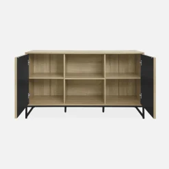 Dressoir met 2 deuren gegroefd houteffect en metaal 140cm