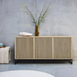 Dressoir met 3 deuren gegroefd houteffect en metaal 160cm