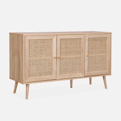 Dressoir met 3 deuren houtdecor en rotan 120cm