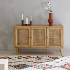Dressoir met 3 deuren houtdecor en rotan 120cm