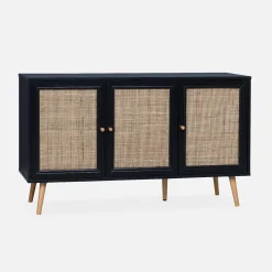 Dressoir met 3 deuren houtdecor en rotan 120cm