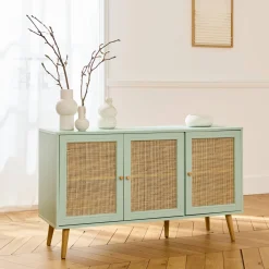 Dressoir met 3 deuren houtdecor en rotan 120cm