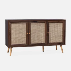 Dressoir met 3 deuren houtdecor en rotan 120cm