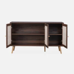 Dressoir met 3 deuren houtdecor en rotan 120cm