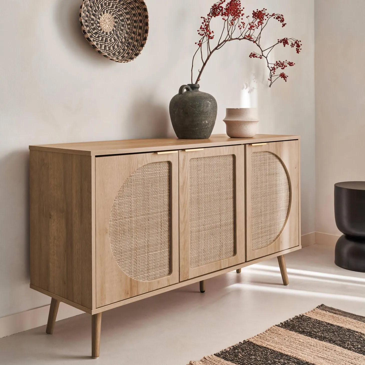 Dressoir met 3 deuren houtlook en rotan 120cm