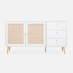 Dressoir met 2 deuren 3 lades houtdecor en rotan 150cm