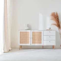 Dressoir met 2 deuren 3 lades houtdecor en rotan 150cm