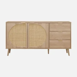 Dressoir met 2 deuren 3 lades houtlook en rotan 150cm